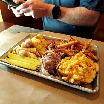 Route 96 BBQ - Pulled pork and sausage platter with fries, Mac and cheese, corn bread and pork rinds. - Barbeque Near Me - Victor, New York