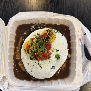 Diamond Head General Store - Picture perfect and perfectly cooked Loco moco with pickled radishes and green onions on top - Hawaiian Near Me - San Bruno, California