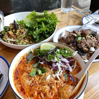 Thip Khao - Mee Kathi (red curry rice noodles), Naem Khao (lettuce wraps), and Muu Som (pork belly) - Laotian Near Me - Washington, DC, District of Columbia Thip Khao - Mee Kathi (red curry rice noodles), Naem Khao (lettuce wraps), and Muu Som (pork belly) - Laotian Near Me - Washington, DC, District of Columbia