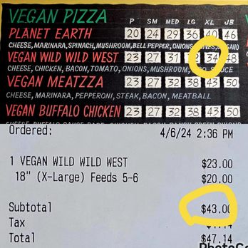 Bizza - $9 difference between what prices are listed and what you are going to get charged. - Vegan Near Me - San Mateo, California