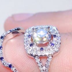 Cardamone Diamond Company - Split shank double halo 1.7 carat 14kt gold engagement ring & wedding band diamond and sapphire- created by Cardamone Diamond Company