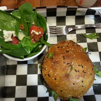 Bushfire Kitchen - Temecula - Californian burger with a strawberry spinach salad.  Yum - Gluten-Free Near Me - Temecula, California
