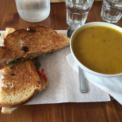 Sip & Slurp - The soup is sweet potato, spinach, celeriac.  The sandwich is honey roasted ham, homemade relish, cheddar, red onion and rocket.