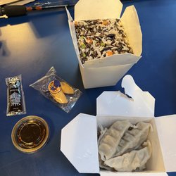 Lilly's Asian Cafe - Steamed potstickers and fried wild rice with shrimp.