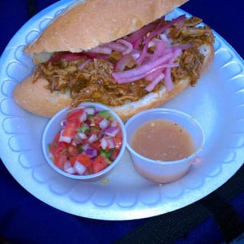 Sonoma's Tuesday Night Market - a pulled pork sandwich with salsa - Farmers Market Near Me - Sonoma, California Sonoma's Tuesday Night Market - a pulled pork sandwich with salsa - Farmers Market Near Me - Sonoma, California
