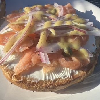 Beachcomber Cafe - Highly recommend the Scenic Drive Bagel (seeded bagel, cream cheese, lox, red onion, larrupin, and capers.) - Cafes Near Me - Trinidad, California