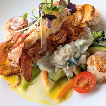 The Fish Hopper - Lobster and shrimp: Lobster came cold and was overdone and chewy. The dish looked a bit like the whole kitchen sink was thrown at it. - Seafood Near Me - Monterey, California