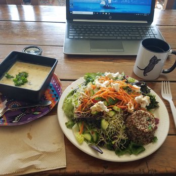 Dalai Java - The mixed greens salad and side bowl of chicken poblano soup, plus my mug of the day with Honduran fair trade coffee and Enlighten herbs. - Cafes Near Me - Canandaigua, New York