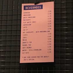 Joe's and Bros - Drink menu