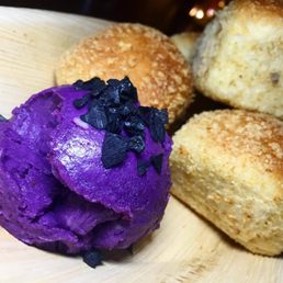 Coconut Ube butter topped with lava salt, with fresh baked pandesal. Coconut Ube butter topped with lava salt, with fresh baked pandesal.
