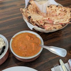 India Gate Restaurant - Left to right: Basmati Rice, Chicken Tikka Masala, Kashmiri Naan, Mango Lassi