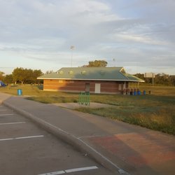 Lancaster Recreation Center - Restrooms/snack building & outdoor gym equipment behind it.