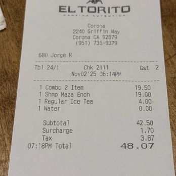 El Torito - Bill - Mexican Near Me - Corona, California