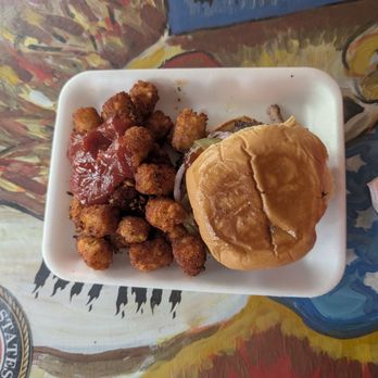 Legit Ass Meats BBQ - Sandwich with spiced tots. I like the level of spice. My wife thought it's a little bit too much - Food Trucks Near Me - New Braunfels, Texas