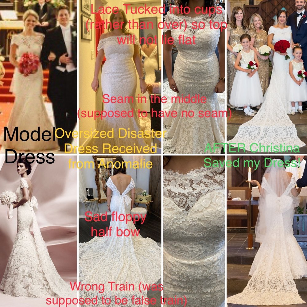 Winsome Brides - Model dress on the far left; middle two columns: the disaster dress I received from Anomalie; and right column = after photo! - Bridal Near Me - La Mesa, California Winsome Brides - Model dress on the far left; middle two columns: the disaster dress I received from Anomalie; and right column = after photo! - Bridal Near Me - La Mesa, California