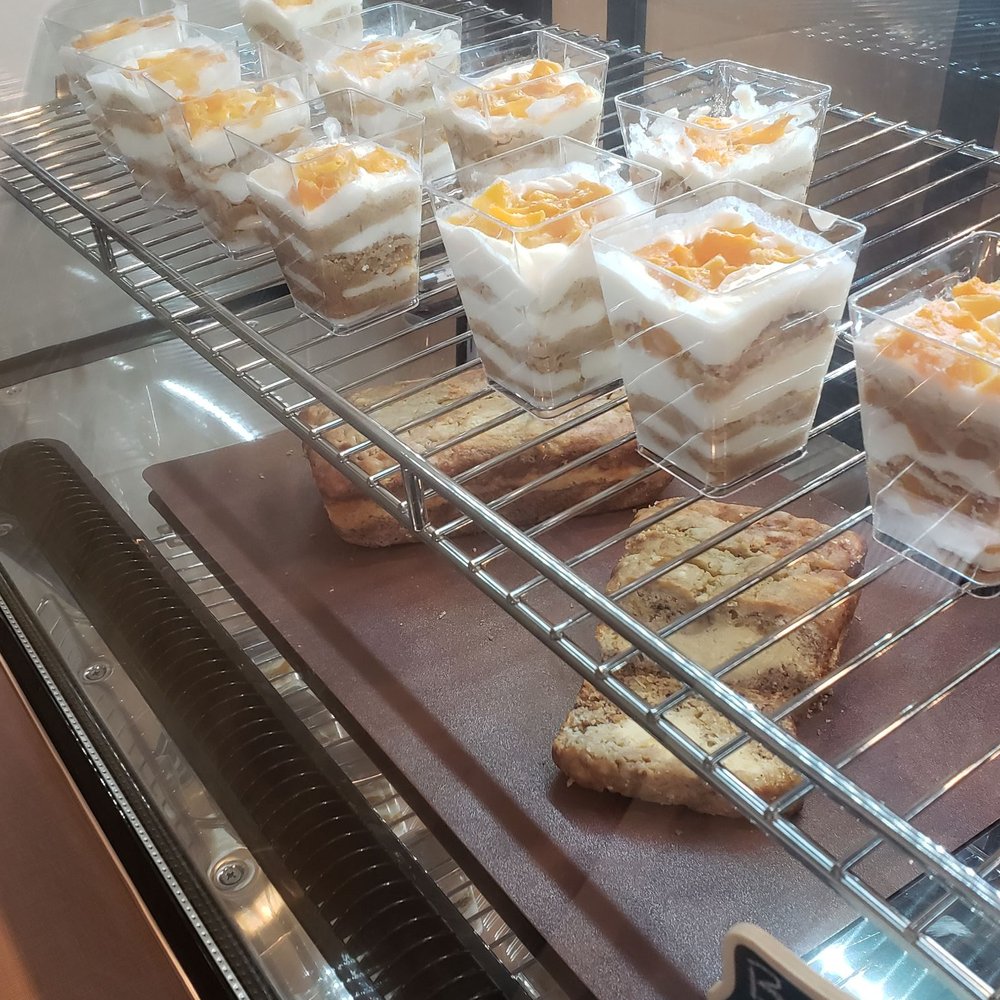Tea Town - Peach and Cream Parfait (top)  Banana Bread (bottom) - Coffee & Tea Near Me - Plano, Texas