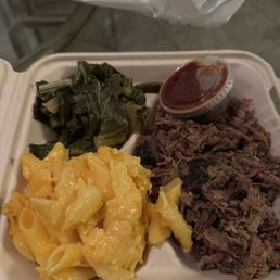 brisket, mac and cheese, collard greens