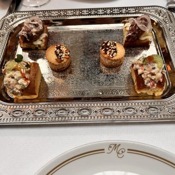 Mister Charles - Canapés from top to bottom: special for the day (a carpaccio of some sort??), foie gras tea sandwich, lobster roll. - American Near Me - Dallas, Texas Mister Charles - Canapés from top to bottom: special for the day (a carpaccio of some sort??), foie gras tea sandwich, lobster roll. - American Near Me - Dallas, Texas