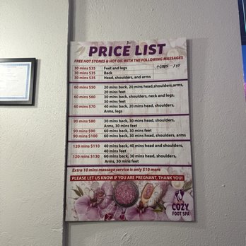 Cozy Foot Spa - Price list - Massage Therapy Near Me - Hoffman Estates, Illinois