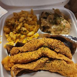 3 Sistas Kitchen - Fried fish, mac and cheese and potato salad