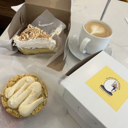 chewy corn cookie with honey buttercream / lemon meringue pie / latte