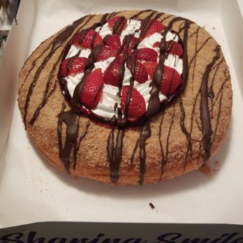 Mojo Donuts - Giant cinnamon sugar doughnut topped with chocolate, cream and strawberries - Donuts Near Me - Pembroke Pines, Florida Mojo Donuts - Giant cinnamon sugar doughnut topped with chocolate, cream and strawberries - Donuts Near Me - Pembroke Pines, Florida