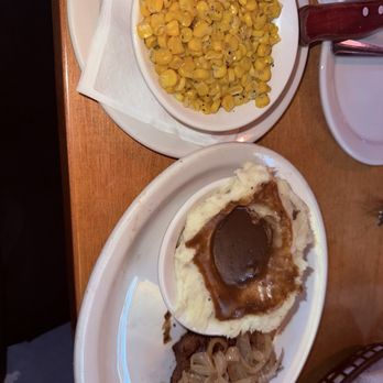 Texas Roadhouse - 6 oz filet with caramelized onions, mashed potatoes with brown gravy and corn - Steakhouses Near Me - Phoenix, Arizona Texas Roadhouse - 6 oz filet with caramelized onions, mashed potatoes with brown gravy and corn - Steakhouses Near Me - Phoenix, Arizona