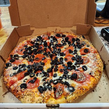Pizzava - Pepperoni and black olive pizza with Everything Bagel crust - Pizza Near Me - Reno, Nevada