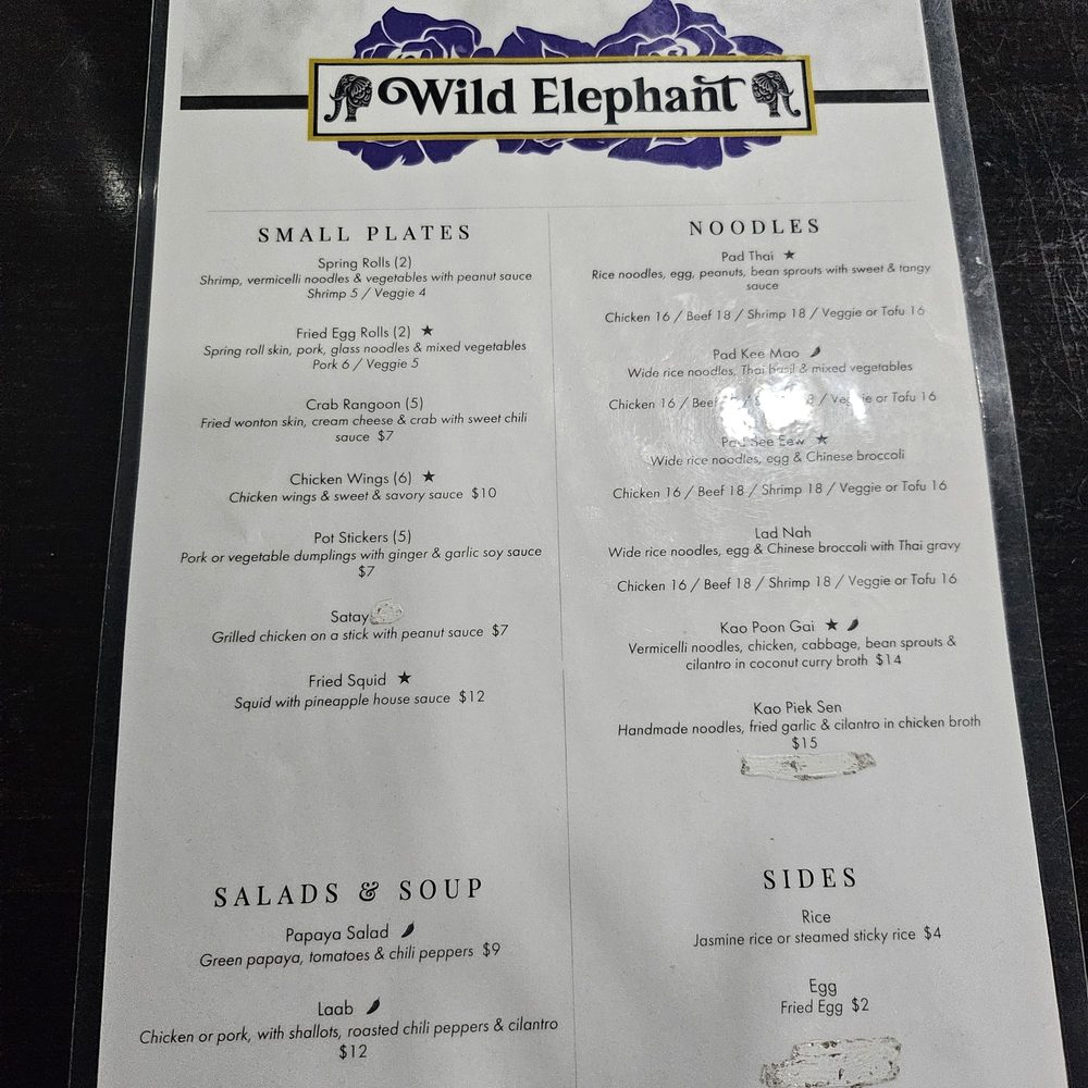 Wild Elephant - Some pricing is white out or erased completely. They need new menus asap - Asian Fusion Near Me - Irondequoit, New York Wild Elephant - Some pricing is white out or erased completely. They need new menus asap - Asian Fusion Near Me - Irondequoit, New York