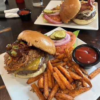 A Better Place Bar & Grill - $19 Cowboy Burger with Sweet Potato Fries and $19 birdseye burger in the back - Bars Near Me - Central Valley, New York A Better Place Bar & Grill - $19 Cowboy Burger with Sweet Potato Fries and $19 birdseye burger in the back - Bars Near Me - Central Valley, New York