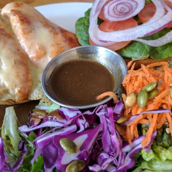 The Siding Cafe - Southwest Grilled Chicken burger with side of salad that is served with balsamic vinaigrette. - Cafes Near Me - Field, British Columbia