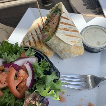 De Lazy Lizard - Salmon wrap w a small bowl of greens so I used my boyfriends tomato to add stuff in it. Ranch is GROSS! - American Near Me - Ocean City, Maryland