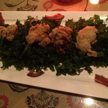 Estragon - Fried Oysters, Crispy Bacon, Kale & Pickled Pear Slaw - Tapas Bars Near Me - Boston, Massachusetts Estragon - Fried Oysters, Crispy Bacon, Kale & Pickled Pear Slaw - Tapas Bars Near Me - Boston, Massachusetts