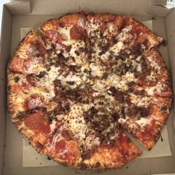 River City Pizza - Meaty Delight Pepperoni, Canadian bacon, bacon, sausage, beef & extra cheese.