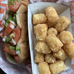 A colorful, well seasoned Chicago hot dog and tater tots