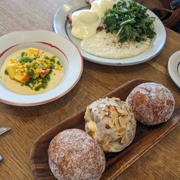 Eggs benedict, peach & corn, donuts Eggs benedict, peach & corn, donuts