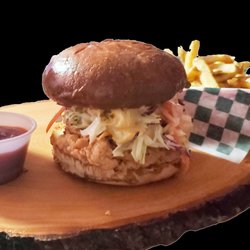 Joanne's BBQ House - Mango Chicken Burger (freshly breaded chicken burger with Mango coleslaw on top)
