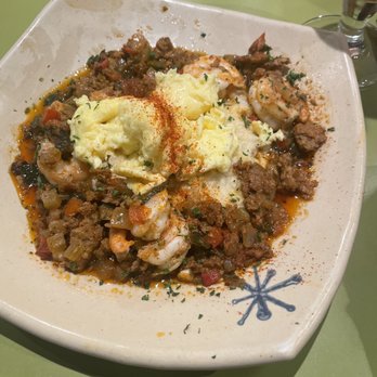 Snooze, an A.M. Eatery - Shrimp and grits with scrambled eggs - Breakfast & Brunch Near Me - Charlotte, North Carolina