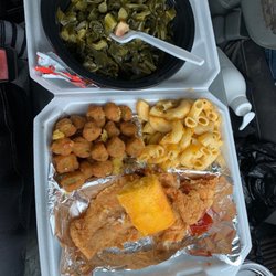 Big Rob's Catfish and Wings - Collard greens, okra, Mac & cheese, cornbread and fried catfish. (They give you more I had just started eating it already)