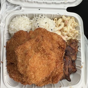 TK Cafe - Fish and BBQ chicken plate, awesome Mac salad and veggies under not pictured. - Hawaiian Near Me - Monrovia, California
