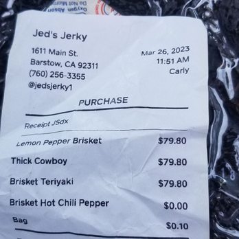 Jedidiahs Jerky - a receipt for a burger - Meat Shops Near Me - Barstow, California Jedidiahs Jerky - a receipt for a burger - Meat Shops Near Me - Barstow, California