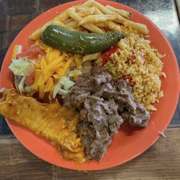 Buffet Stop #1: refried beans, rice, enchilada, french fries (don't judge), open taco and a big ol' grilled jalapeno. Buffet Stop #1: refried beans, rice, enchilada, french fries (don't judge), open taco and a big ol' grilled jalapeno.