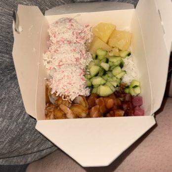 Poke King - Tuna, salmon and shrimp with unagi sauce, cucumber, crab salad and pineapple on white rice - Poke Near Me - Sparks, Nevada Poke King - Tuna, salmon and shrimp with unagi sauce, cucumber, crab salad and pineapple on white rice - Poke Near Me - Sparks, Nevada