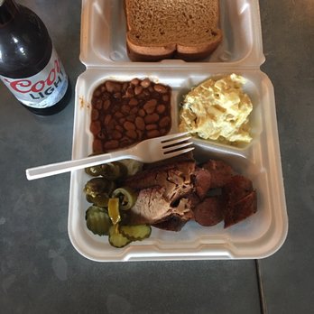 Vitek's Market - 2 meat plate (sliced brisket and jalapeno sausage) with beans and potato salad. Ice cold Coors Light - Barbeque Near Me - Waco, Texas Vitek's Market - 2 meat plate (sliced brisket and jalapeno sausage) with beans and potato salad. Ice cold Coors Light - Barbeque Near Me - Waco, Texas