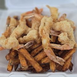 World Fish & Chips - 12 piece fried shrimp with sweet potato fries.