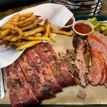 Hard Eight BBQ - As usual, ordered too much food! Ribs, "blob" of brisket and sausage. - Barbeque Near Me - The Colony, Texas Hard Eight BBQ - As usual, ordered too much food! Ribs, "blob" of brisket and sausage. - Barbeque Near Me - The Colony, Texas
