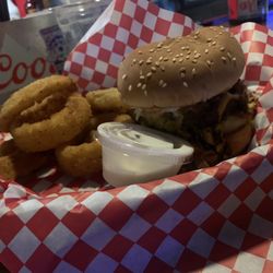 Nu-Way Restaurant & Lounge - White Trash Burger ( half-split order) with onion rings