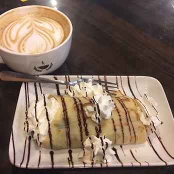 Dessert Oasis Coffee Roasters - Large Latte with house-made Vanilla Bean syrup and a delicious crêpe with fresh (important part) berries and Nutella!  Amazing!!! - Coffee & Tea Near Me - Rochester, Michigan