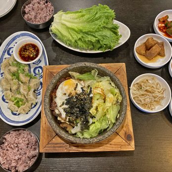Hongdae Korean Restaurant - Steamed Vegetable Dumplings, Vegetables Bibimbap, lettuce add-on, and banchan (side dishes) - Korean Near Me - Richmond Hill, Ontario Hongdae Korean Restaurant - Steamed Vegetable Dumplings, Vegetables Bibimbap, lettuce add-on, and banchan (side dishes) - Korean Near Me - Richmond Hill, Ontario
