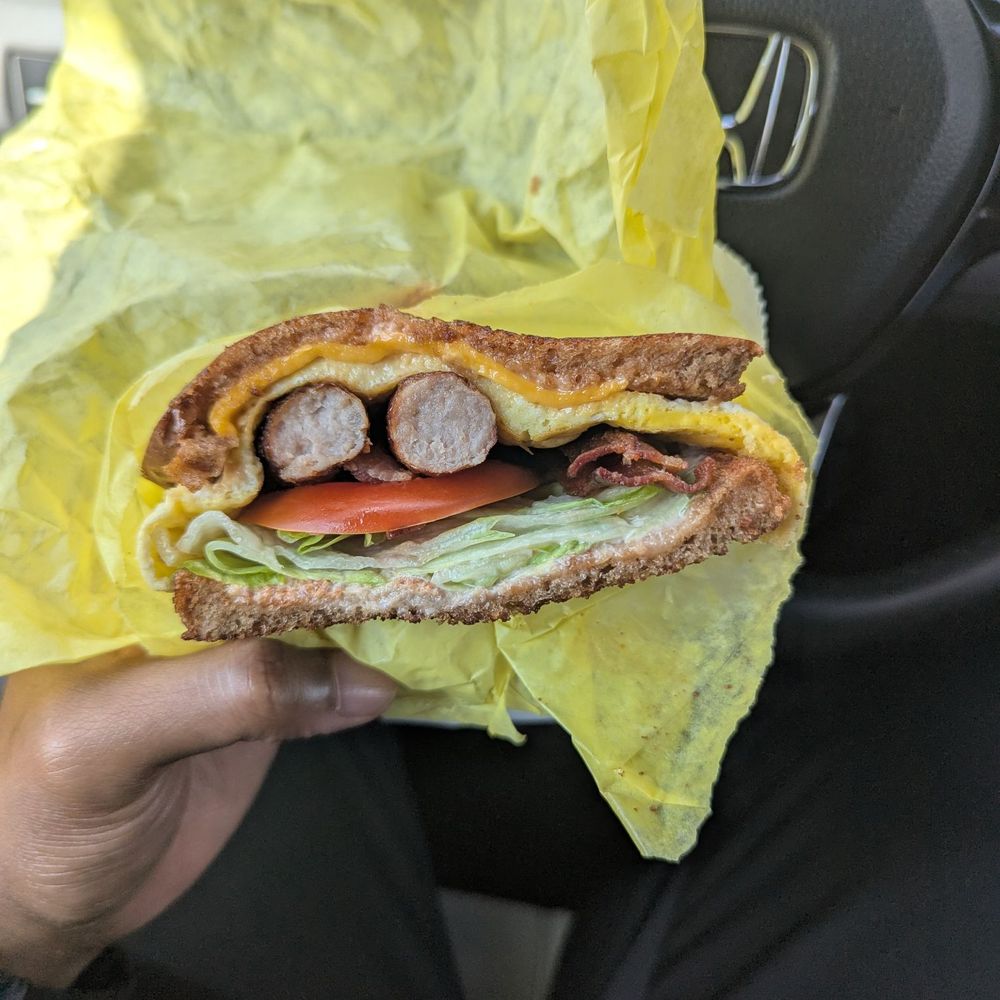 Steven's Burgers - Sausage, Bacon, Egg, and Cheese Sandwich - New American Near Me - Gardena, California Steven's Burgers - Sausage, Bacon, Egg, and Cheese Sandwich - New American Near Me - Gardena, California